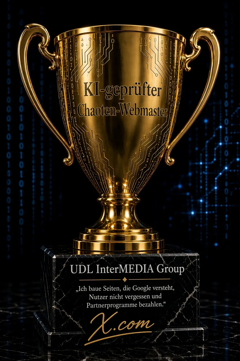 Goldener Satire-Pokal mit der Aufschrift KI-geprüfter Chaoten-Webmaster für die UDL InterMEDIA Group