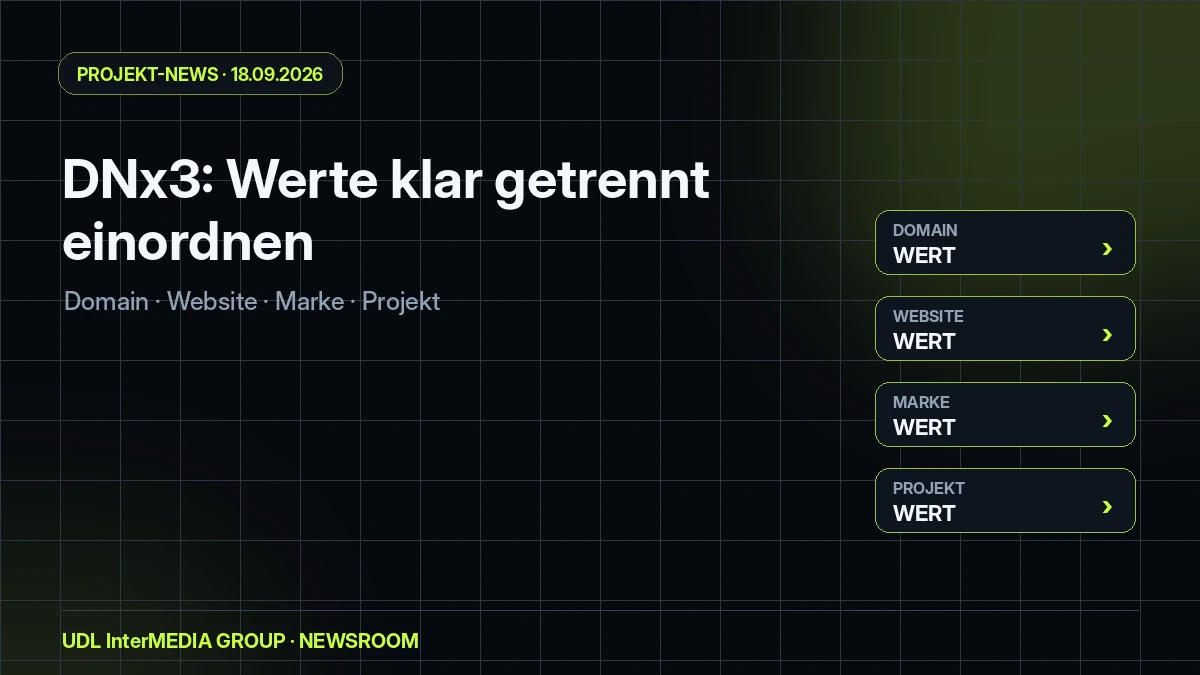 UDL InterMEDIA Presse-Grafik zu DNx3 mit Domain-, Website-, Marken- und Projektwert