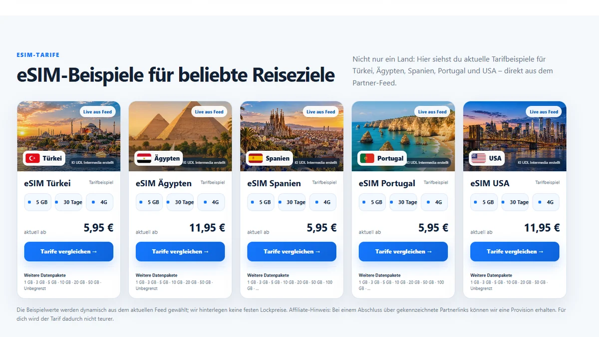 UDL InterMEDIA Presse-Grafik zum eSIMFINDER.de Vergleichsportal mit Länderfiltern, eSIM-Tarifen und Reise-eSIMs für das Ausland