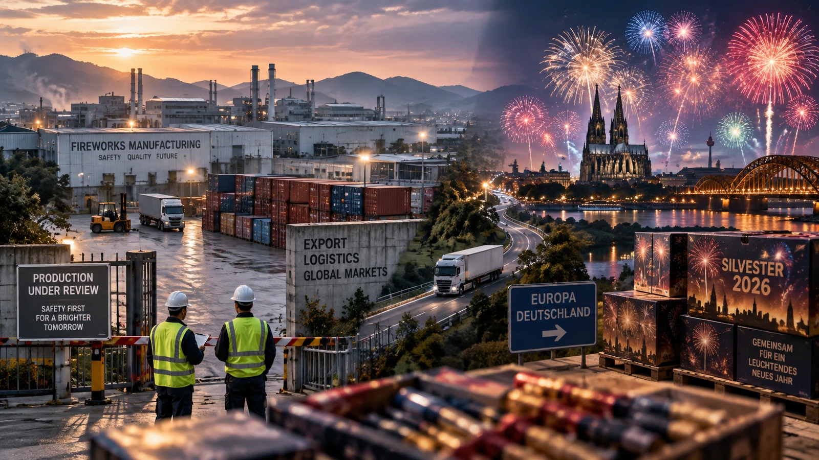 UDL InterMEDIA Presse-Grafik zur Feuerwerkssaison 2026 mit Produktionskontrollen in China, Exportlogistik und Silvesterfeuerwerk in Deutschland