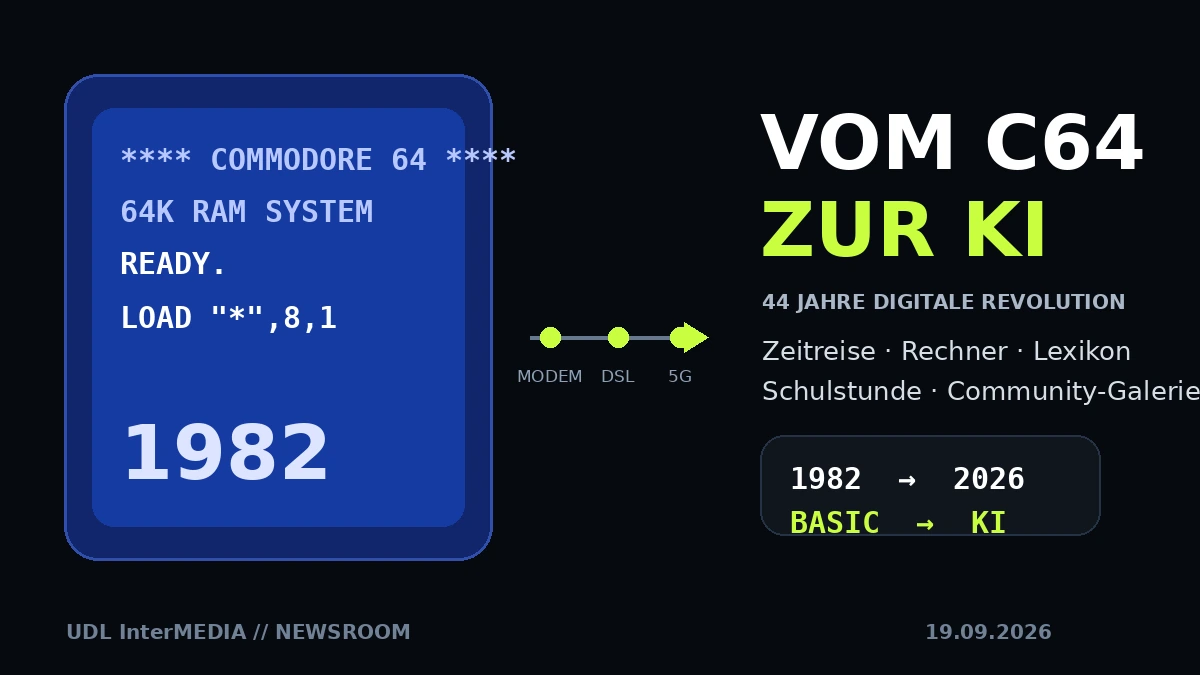 UDL InterMEDIA Presse-Grafik zu Vom C64 zur KI mit C64-Bildschirm, Technik-Zeitreise und KI